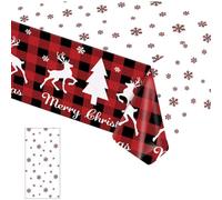 COSORO 137 * 274cm Plastic Christmas Tablecloths - Large Xmas Table Cloth Rectangle Checkered Snow Pattern Table Cover for Christmas Party Tableware Decorations