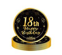 COSORO 16Pcs Black Gold 18th Birthday Paper Plates 9'', Tableware Party Plate Disposable, Happy Table Decorations Gifts for Girls, Boys, Him, Her Supplies