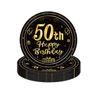 COSORO 16Pcs Black Gold 50th Birthday Paper Plates 7'', Tableware Party Plate Disposable, Happy Table Decorations Gifts for Women, Men, Ladies, Him, Her Décor