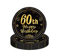 COSORO 16Pcs Black Gold 60th Birthday Paper Plates 7'', Tableware Party Plate Disposable, Happy Table Decorations Gifts for Women, Men, Ladies, Him, Her Décor