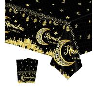 COSORO 2pcs Black Gold Eid Al-fitr Table Cloth Eid Ramadan Mubarak Tablecloths,137 * 274cm Eid Decorations Moon Star Tablecover Plastic Tablecloth for Ramadan Umrah Mubarak Islam Muslim Decoration