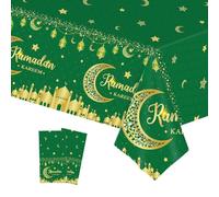 COSORO 2pcs Green Gold Eid Al-fitr Table Cloth Eid Ramadan Mubarak Tablecloths,137 * 274cm Eid Decorations Moon Star Tablecover Plastic Tablecloth for Ramadan Umrah Mubarak Islam Muslim Decoration