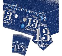 COSORO 2pcs Navy Silver Happy 13th Birthday Table Cloth, 137*274cm Tablecloth for Boys Girls, Plastic Tablecloths Table Cover for 13th Birthday Decorations