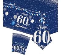 COSORO 2pcs Navy Silver Happy 60th Birthday Table Cloth,137*274cm 60th Tablecloth for Men Women 60th Birthday Table Decorations,Plastic Tablecloths Table Cover for Him Her 60th Birthday Decorations