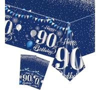 COSORO 2pcs Navy Silver Happy 90th Birthday Table Cloth,137*274cm 90th Tablecloth for Men Women 90th Birthday Table Decorations,Plastic Tablecloths Table Cover for Him Her 90th Birthday Decorations