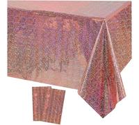 COSORO 2pcs Rose Gold Holographic Tablecloth, 137x274cm Large Plastic Holographic Foil Table Cover Metallic Iridescent for Outdoor Picnic, Birthday, Christmas Party Decorations