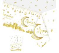 COSORO 2pcs White Gold Eid Al-fitr Table Cloth Eid Ramadan Mubarak Tablecloths,137 * 274cm Eid Decorations Moon Star Tablecover Plastic Tablecloth for Ramadan Umrah Mubarak Islam Muslim Decoration
