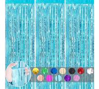 COSORO 3-Pack Light Blue Metallic Tinsel Curtains - 2m Laser Fringe Wall Curtain with Shimmer Tassel Backdrop for Boys Birthday Frozen Party Decorations