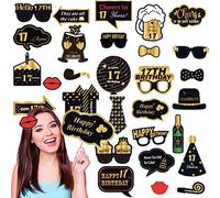 cosoro 32P 17th Birthday Props Black Gold,17th Birthday Decorations for Girls,Boys,17th Birthday Party Selfie Props,Photo Booth Props Kit Birthday Gifts for Girl,Boy,Him,Her 17th Birthday Decorations