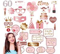 COSORO 38Pcs 60th Birthday Props Rose Gold, Floral Photo Booth Props Kit for Women, Decorative Items