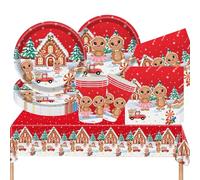 COSORO 69Pcs Christmas Party Tableware, Red Gingerbread Man Dinnerware Set, Plastic Table Cloth Cover, Paper Plates, Napkins and Cups, Xmas Party Supplies