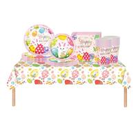 COSORO 69Pcs Easter Party Tableware Plastic Easter Table Cloth Cover,Paper Plates,Napkins and Cups for Easter Party Table Decorations,Pink Bunny Egg Dinnerware Set for Easter Party Supplies