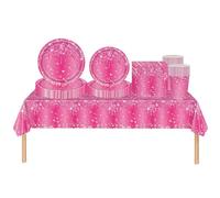 COSORO 69pcs Hot Pink Shiny Glitter Diamond Party Tableware Set Plastic Tablecloth,Paper Plates Napkins and Cups Disposable Dinnerware Set for Girls Birthday,Wedding Barbie Hot Pink Party Decorations