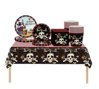COSORO 69pcs Pirate Birthday Party Tableware Set, Black Pirate Plastic Table Cloth, Paper Plates, Napkins, Serviettes, Cups, Perfect for Boys' Birthday, Halloween Parties