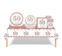 COSORO 69pcs Rose Gold & Navy Blue 50th Birthday Decorations for Women, Tableware Set with Tablecloth, Paper Plates, Cups, Napkins & Serviettes for Her 50th Birthday Party