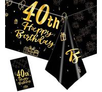 COSORO Black Gold 40th Birthday Table Decorations, Table Cloth, Napkins, Paper Plates, Disposable Tablecover for 40th Birthday Party Decoration