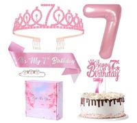 COSORO Pink 7th Birthday Sash and Tiara Set for Girl,7th Birthday Decorations 7th Crown,7th Birthday Candles Cake Topper,Foil 7 Balloons,7th Badge Birthday Crown Sash for Girls,Her 7th Birthday Gifts