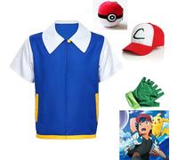 Cosplay Anime Ash Ketchum Clothes Men Blue Jacket Costume Boys Girls Cosplay for Party Trainer Pokemon Cap Gloves Set S top hat