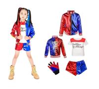 Cosplay Costumes for Kids, 4 Pcs Harley Quinn Girls Fancy Dress Halloween Villain Costume Include Jacket, T-shirt, Shorts and Glove for Halloween Cosplay Costume (L fit for 7-8 Years)