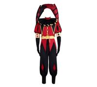 Cosplay.fm Circus Jester Costume Red Black Freak Clown Outfit Full Set with Jester Hat Gloves for Halloween Carnival Party, Red, S