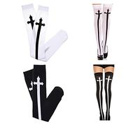 Cosplay Gothic Socks - 2 Pairs - Thigh High Halloween, Dress-Up, Themed Party Stockings - Black and White - Printed Cross Sword Design - Novelty Hosiery for Women, Teens