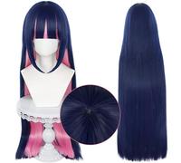 Cosplay Wig for Anime Panty & with Garterbelt for Woman, Blue Mixed Pink Long Straight Hair With Bangs with Synthetic Fabric for Comic Con, Anime Show, Halloween