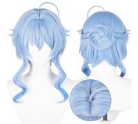 Cosplay Wig for Anime Wigs Short Blue Wavy Bun Hair Synthetic Fabric with Bangs for Women Comic Con, Cosplay Show, Halloween