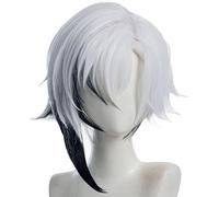 Cosplay Wig for Arlecchino Short Knave Anime White Mixed Black Layered Fluffy Wigs with Bangs Halloween Party Costume