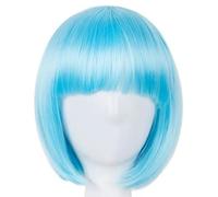 Cosplay Wig Heat Resistant Short Wavy Synthetic Costume Halloween Carnival Green Hair Flat Bangs Women Hairpiece-Blue-12INCHES