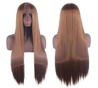 Cosplay Wig Universal Split Scalp Black Long Straight Hair 80CM Anime Wig Color: Light Brown Center Split