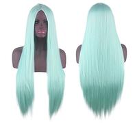 Cosplay Wig Universal Split Scalp Black Long Straight Hair 80CM Anime Wig Color: Mint Green Center Split