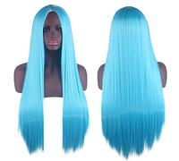 Cosplay Wig Universal Split Scalp Black Long Straight Hair 80CM Anime Wig Color: Sky Blue Center Split