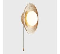 COSRUB Vintage Travertine Wall Lamp, Cream Round Stone Wall Sconce with Pull Chain Japanese Globe Glass Wall Mounted Light for Beddoom Bedside Living Room(Wood)