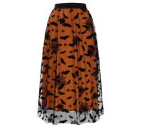 Cossoul Halloween Tulle Skirt Women Pumpkin Elastic Waist Layered Mesh Midi Halloween Witch Skirt, Orange Bats, L-XL