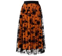 Cossoul Halloween Tulle Skirt Women Pumpkin Elastic Waist Layered Mesh Midi Halloween Witch Skirt, Orange Skulls, L-XL