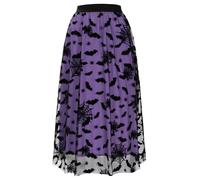 Cossoul Halloween Tulle Skirt Women Pumpkin Elastic Waist Layered Mesh Midi Halloween Witch Skirt, Purple Bats, S-M