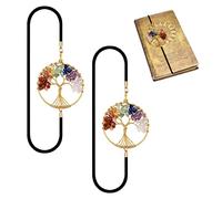 Cosswe BOOKMARK, 2 x Tree of Life Chakra Bookmarks, Crystal Healing Stone, Vintage Metal, Handmade, Elastic, for Book Lovers, Bound Magazines, Notebooks