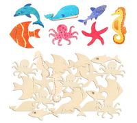 Cosswe Pine Wood Starfish, Fish, Octopus, Seahorse Wooden Craft Discs Pack of 100 DIY Sea Animals Wooden Ornaments Painting