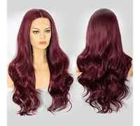 Cosswigs Burgundy Lace Front Wig Natural Long Wavy Red Synthetic Wig for Women Middle Part Heat Resistant Fiber #99J Heat Resistant 24inches(61cm)
