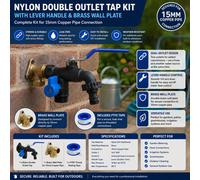 Cost Wise Nylon Double Outlet Garden Tap Kit With Brass Wall Plate For 15mm Copper Pipe, Lever Handle Outdoor Tap