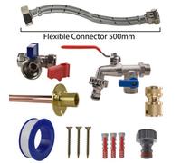 Cost Wise Outdoor Complete Garden Tap Instillation Kit With Double Outlet Lever Tap,valve,flexi Pipe,copper Pipe,wall Plugs,screws,ptfe,extr