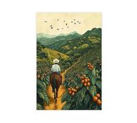 Costa Rican Farmer on Horse Illustration, Coffee Plantation Art Print Canvas Poster Bedroom Decor Landscape Office Room Decor Gift 16x24inch(40x60cm)