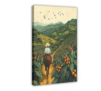 Costa Rican Farmer on Horse Illustration, Coffee Plantation Art Print Canvas Poster Wall Art Decor Print Picture Paintings for Living Room Bedroom Decoration 08x12inch(20x30cm)
