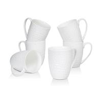 COSTMANCE 12 Oz White Fine Bone China Coffee Mugs Set of 6, Water Cube Relief Texture Coffee Cups Set, Upscale Coffee Mugs, Microwave Oven Dishwasher Safe Ceramic Cups