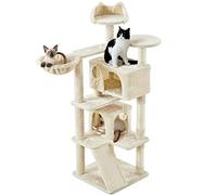 costoffs 144.5cm Multi-functional Cat Tree Tower Cat Scratching Climbing Post with 2-Condo/ 3-Perch/Scratching Pad/ 2 Cat Toys Beige