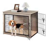 costoffs Dog Crate End Table Dog Cage Furniture Wooden Dog Kennel Side Table Dog House Indoor with Cushion and Double Doors for Medium Dog, Gray