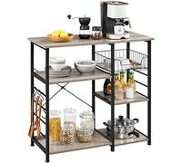 costoffs Kitchen Island Storage Shelf Unit with Mesh Basket and S-Hooks, Metal Frame, Freestanding Baker's Rack for Home Kitchen, Dinning Room, Grey
