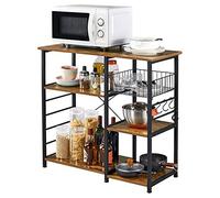costoffs Kitchen Storage Shelf 3-Tier Metal Kitchen Island Frame Wood Look with Basket/Hooks/Storage Shelf for Kitchen/Dining Room Rustic Brown