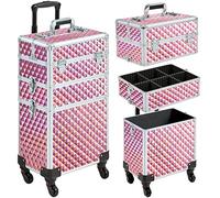 costoffs Rolling Makeup Train Case 3 in 1 Cosmetic Case Professional Makeup Suitcase Large Aluminum Cosmetic Trolley with Swivel Wheels and Key Pink