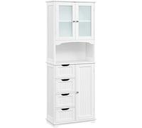 costoffs Tall Bathroom Storage Cabinet with Glass Doors & 4 Drawers, White | MDF & Tempered Glass Doors, Adjustable Shelves & 4 Spacious Drawers, For Bathroom Kitchen Living Room Dining Hallway